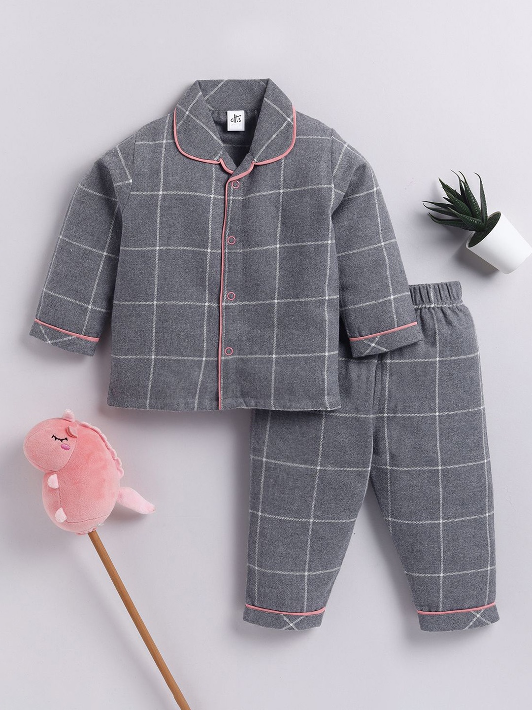 

Clt.s Kids Printed Checked Full sleeve Night suit, Grey