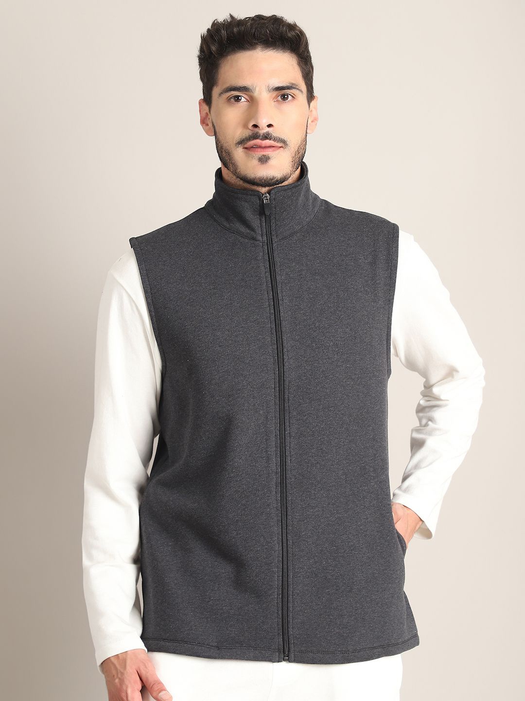 

Rute Men Mock Collar Sleeveless Sweatshirt, Grey