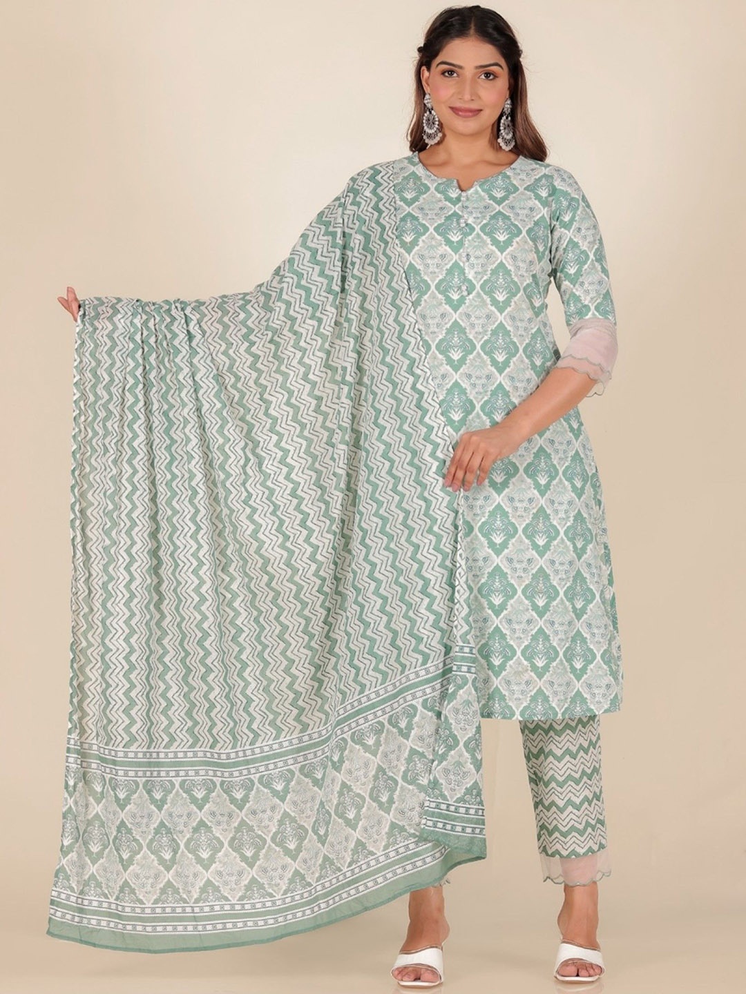 

Aramya Women Printed Regular Beads and Stones Pure Cotton Kurta with Trousers & With Dupatta, Green
