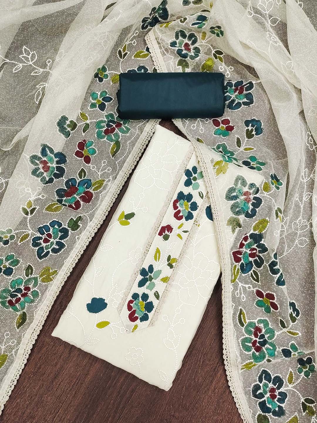 

Maroosh Floral Embroidered Thread Work Roman Silk Unstitched Dress Material, White