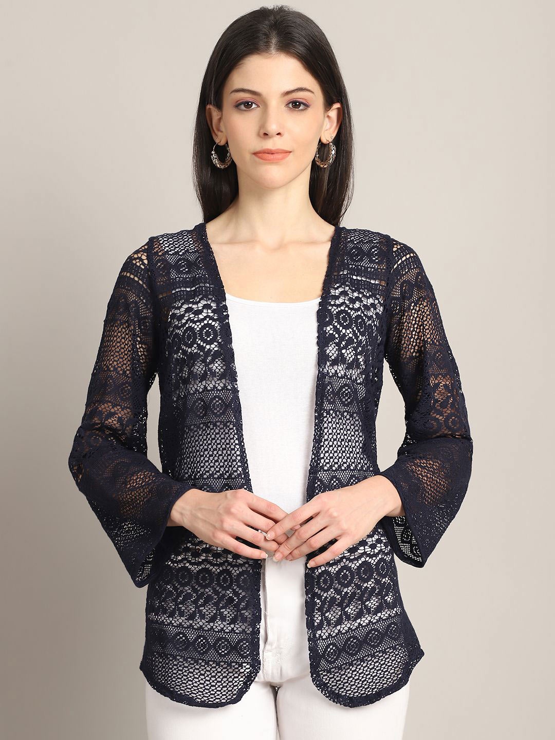 

Rute Self Design Pure Cotton Open Front Shrug, Black