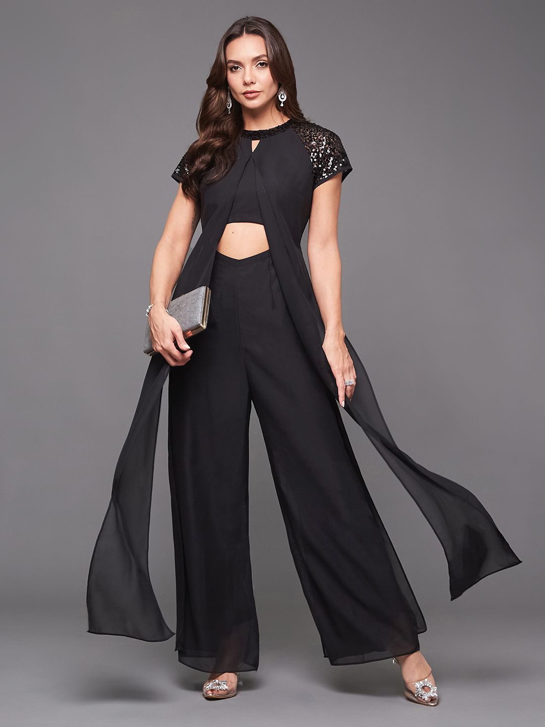 

Miss Chase Embellished Basic Long Layered Jumpsuit, Black