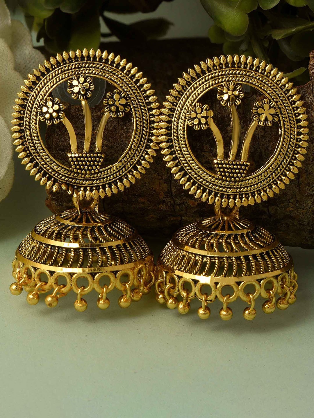 

MEMOIR Gold-Plated Quartz Studded Dome Shaped Antique Jhumkas