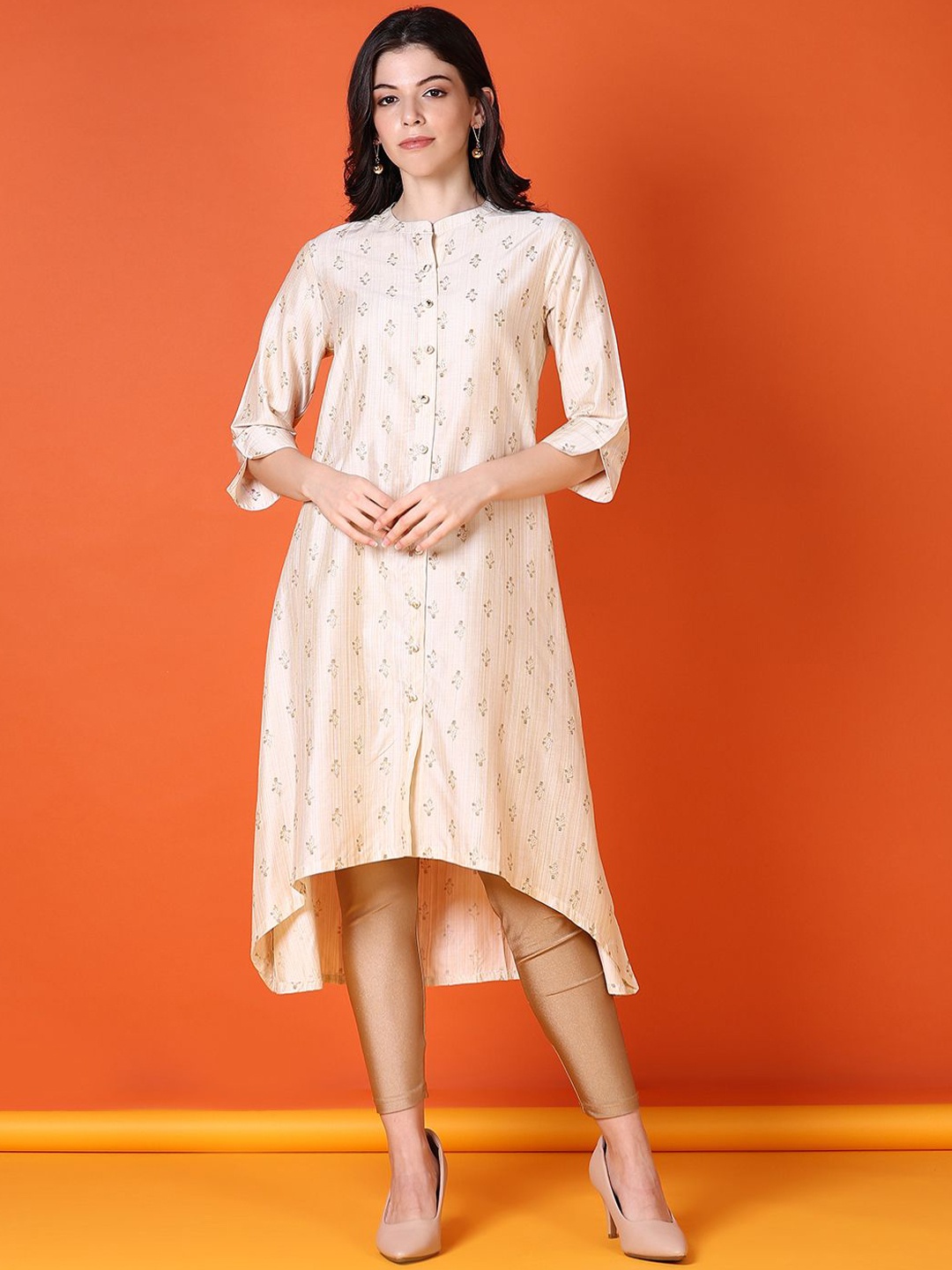

V-Mart Floral Printed Band Collar A-Line Kurta, Beige