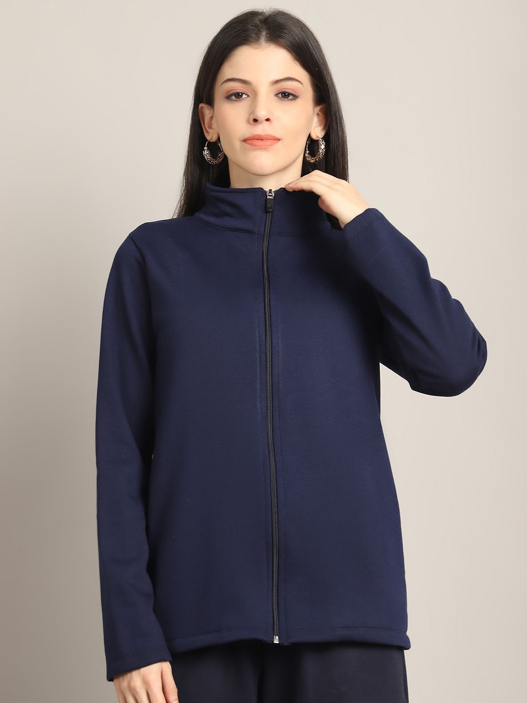 

Rute Women Cotton Mock Neck Sleeveless Front Open Sweatshirt, Navy blue