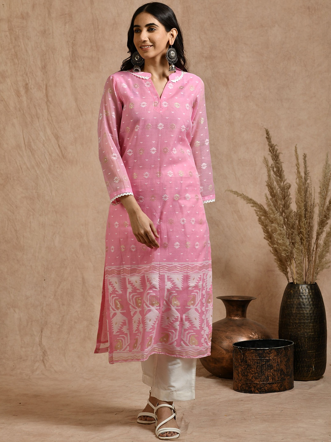 

Kasturi Creations Floral Woven Design Pure Cotton Straight Kurta With Trouser & Dupatta, Pink