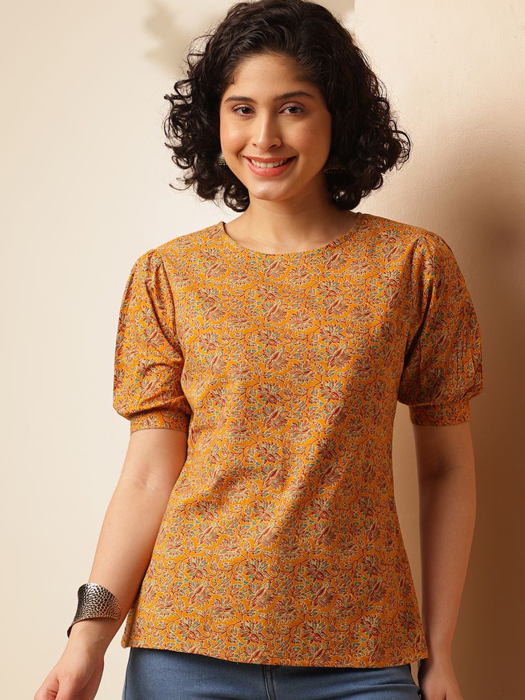 

Anouk Rustic Women Cotton Floral Printed Puff Sleeve Cotton Top, Mustard