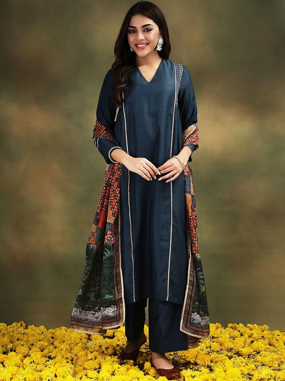 

Stylefables V-Neck Thread Work Pure Cotton A-Line Kurta with Trousers & Dupatta, Blue