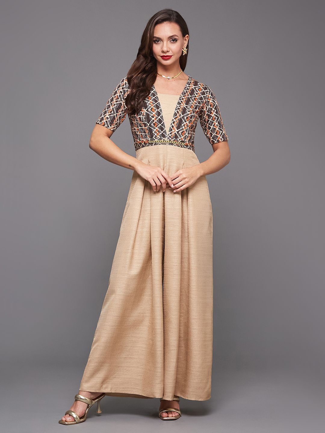 

Miss Chase Women Printed Basic Jumpsuit, Beige