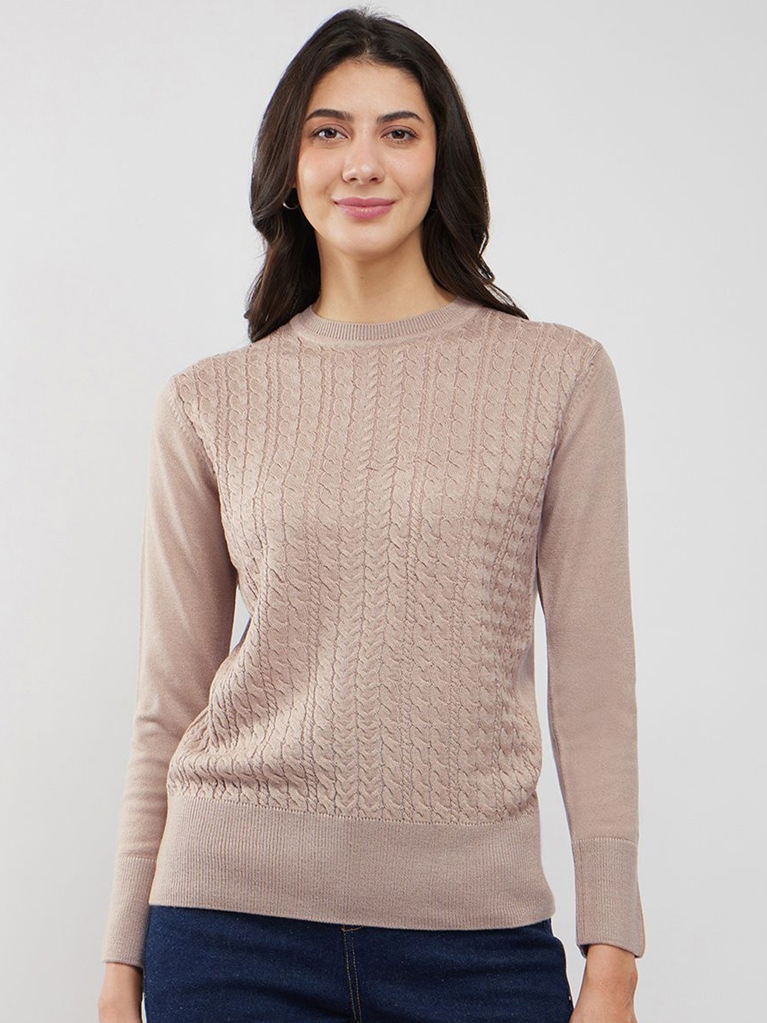 

FableStreet Women Round Neck Cable Knit Pullover, Beige