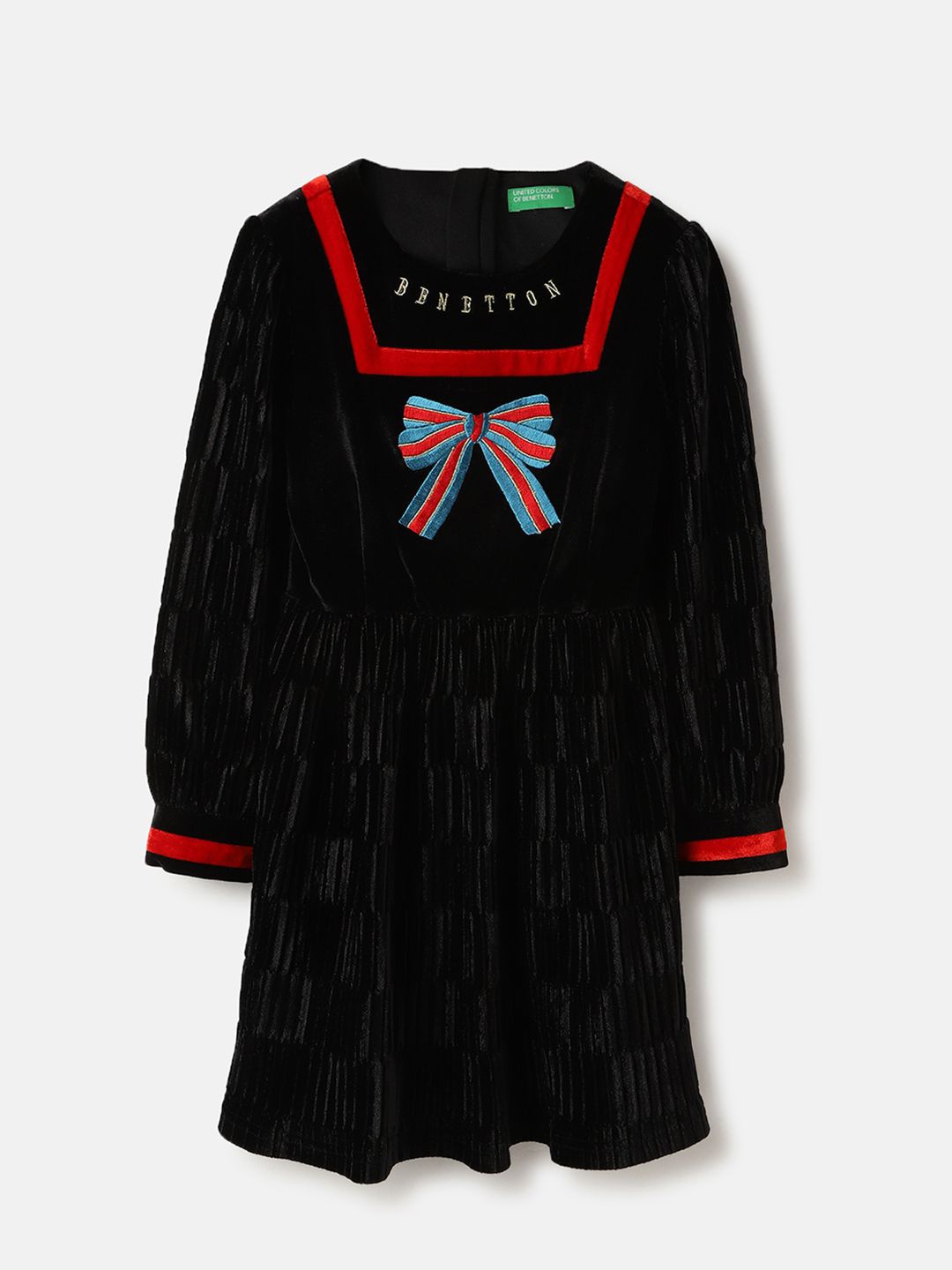 

United Colors of Benetton Girls Print Round Neck Long Sleeves Fit & Flare Dress, Black