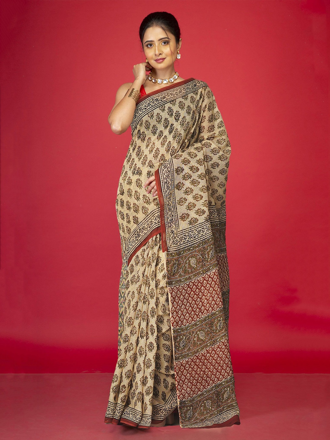 

Unnati Silks Women Ethnic Printed Pure Cotton Kota Saree, Cream