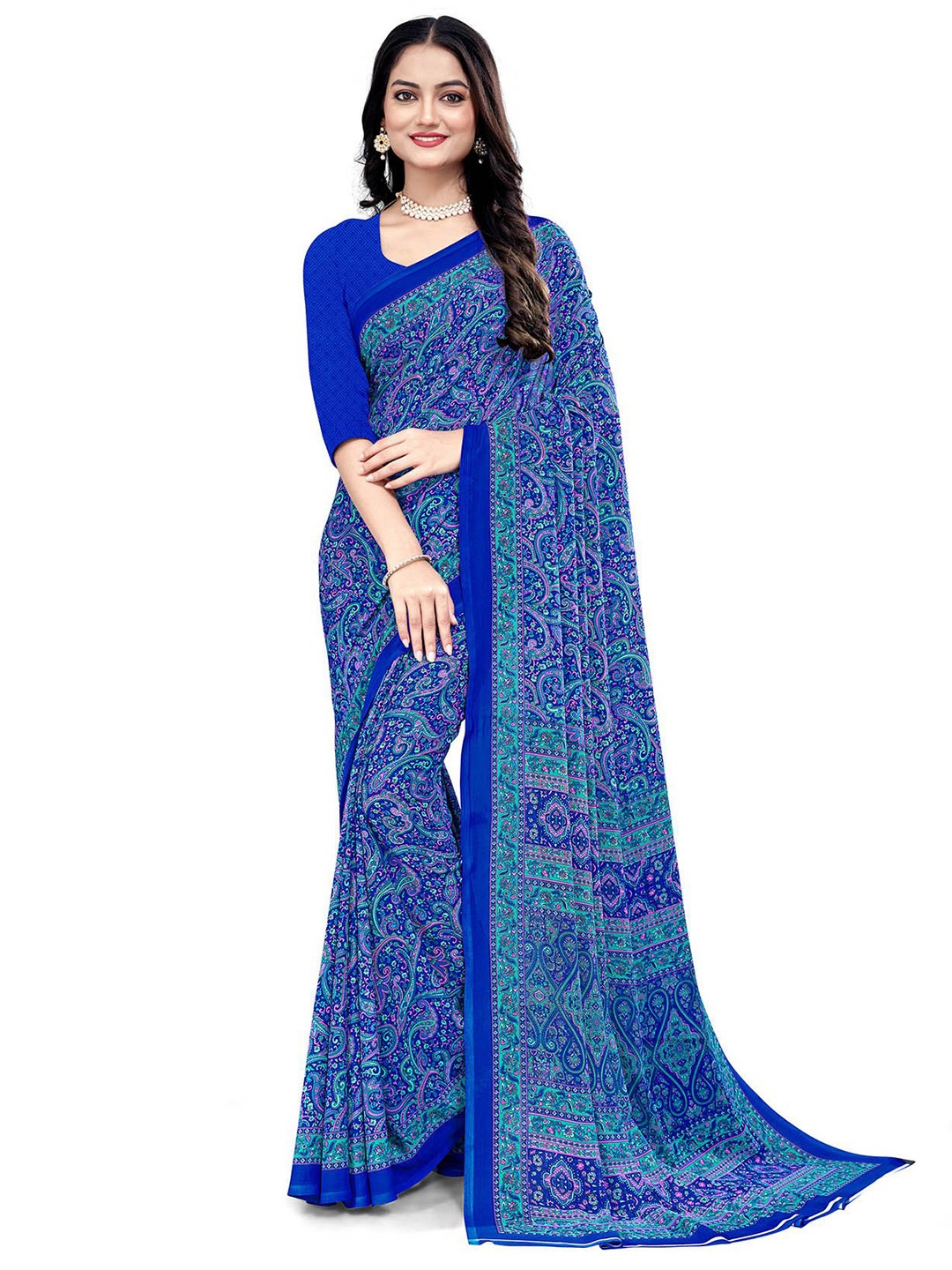 

Navvi Floral Printed Poly Georgette Saree with Blouse Piece, Blue