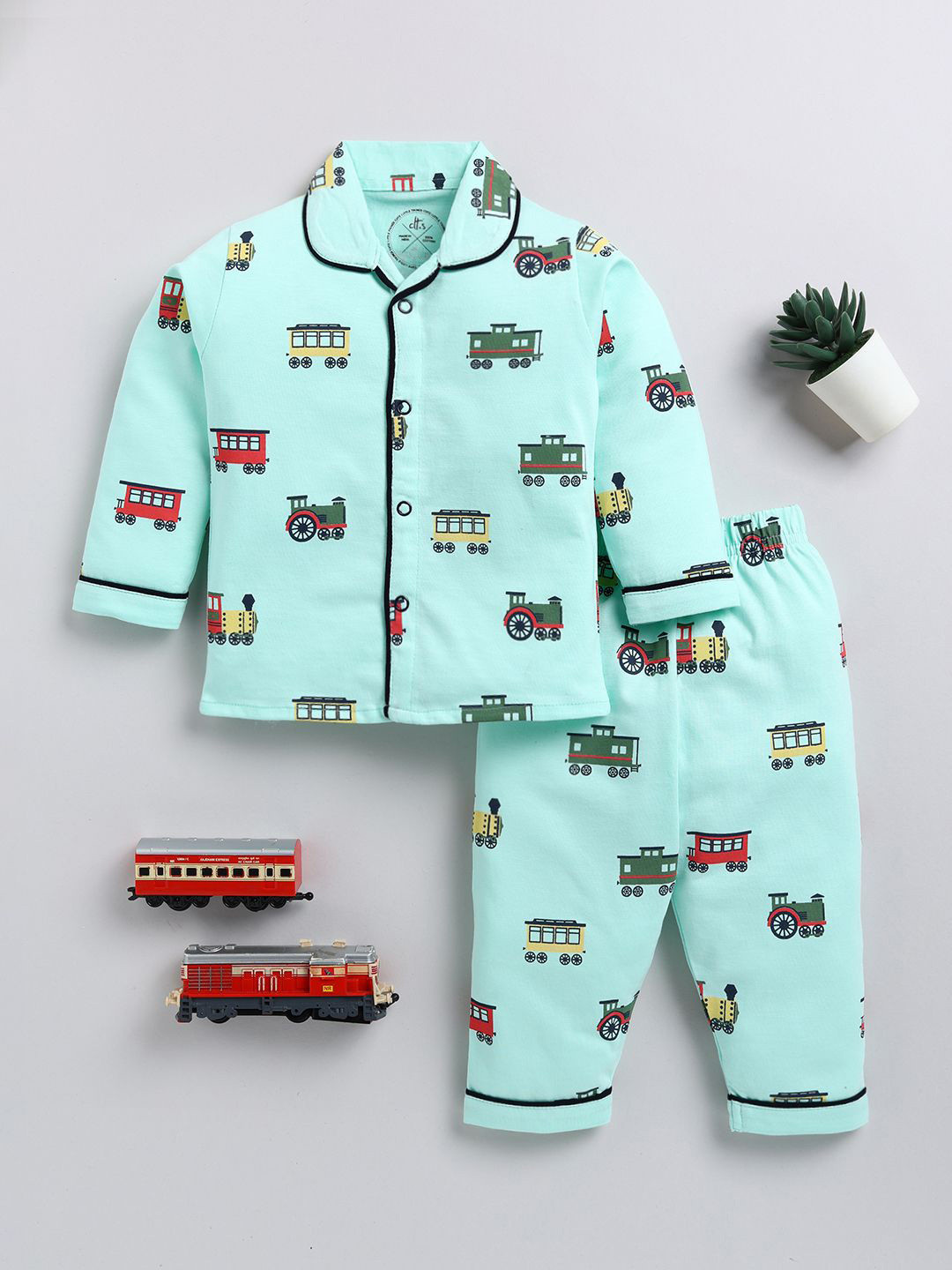 

Clt.s Kids - Unisex Graphic Printed Pure Cotton Shirt Collar Night suit, Sea green