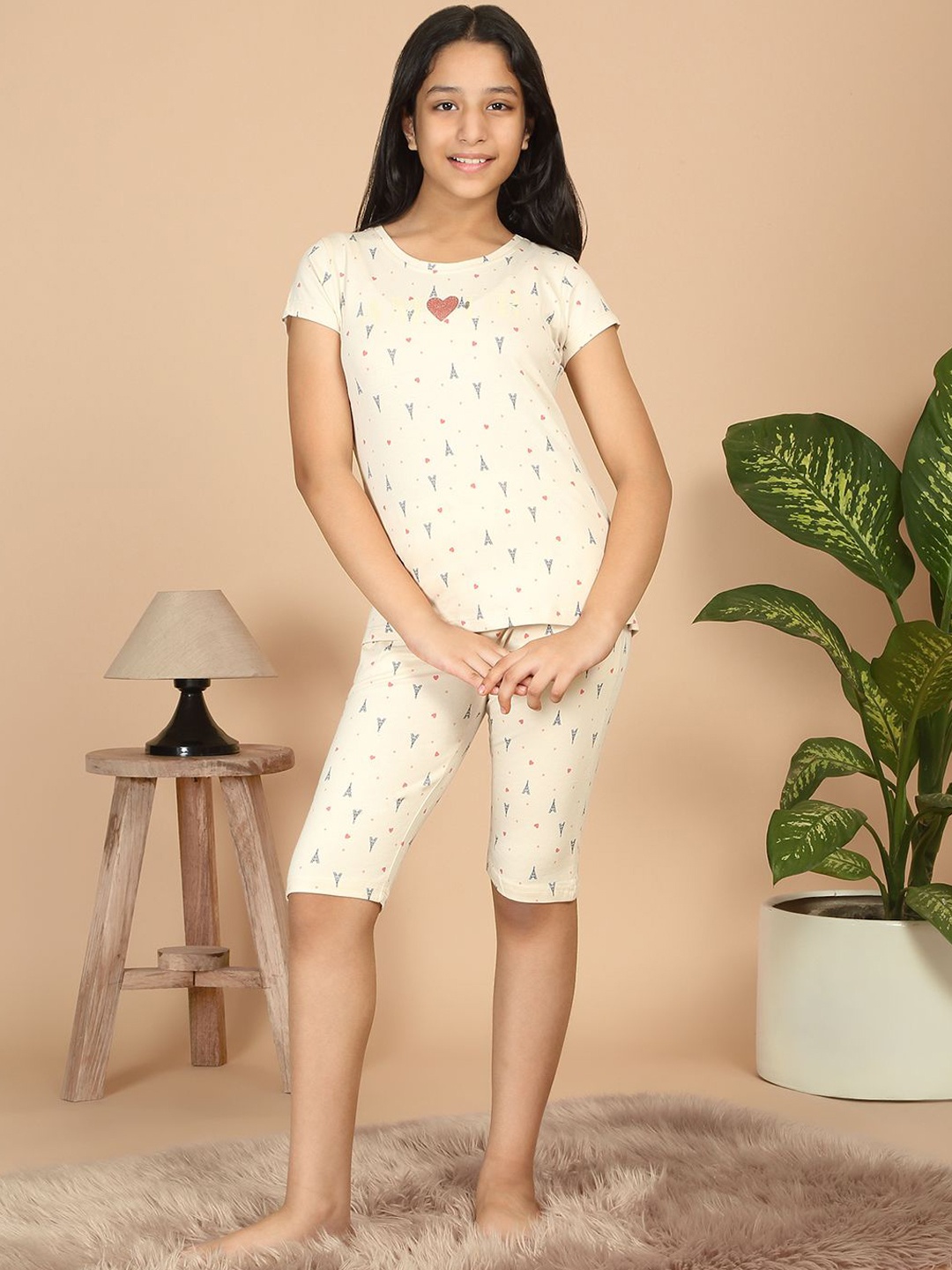 

Sweet Dreams Girls Graphic Printed Round Neck Night suit, Beige