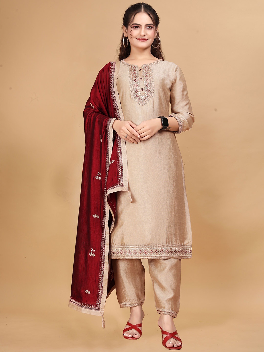 

Rujave Women Ethnic Motifs Embroidered Regular Pure Silk Kurta with Trousers & With Dupatta, Brown