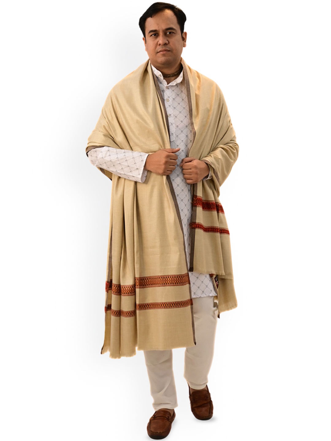 

Vrinde Beautyful Border Pure Woollen Shawl, Beige