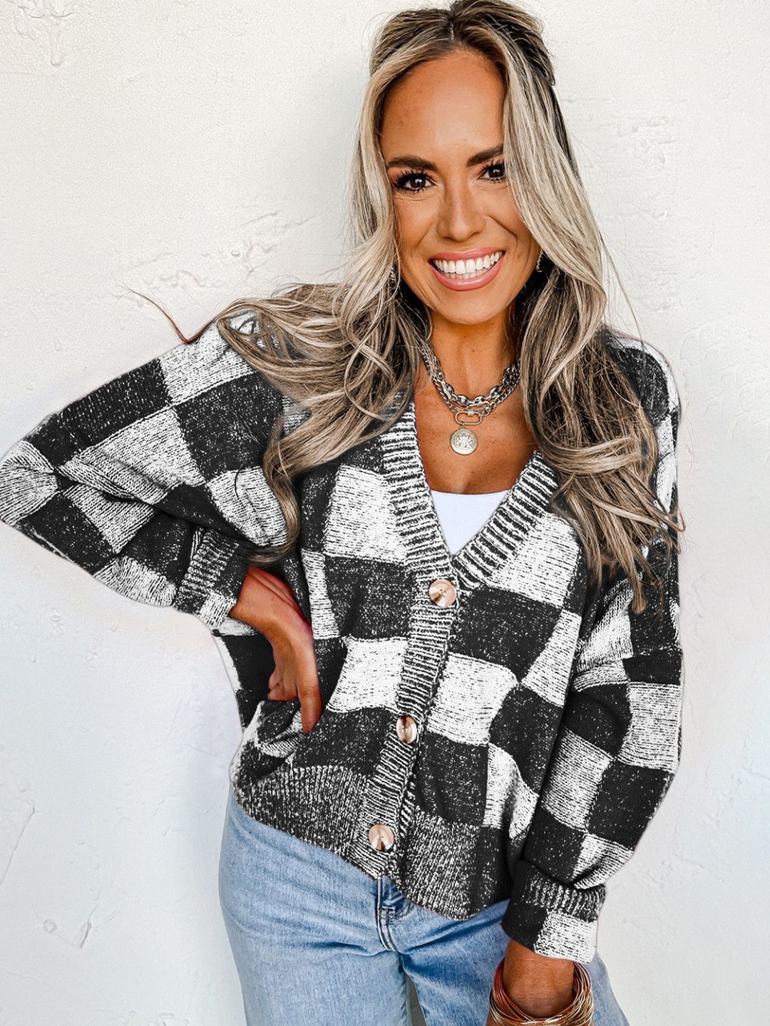 

StyleCast Women Checked Cardigan, Black