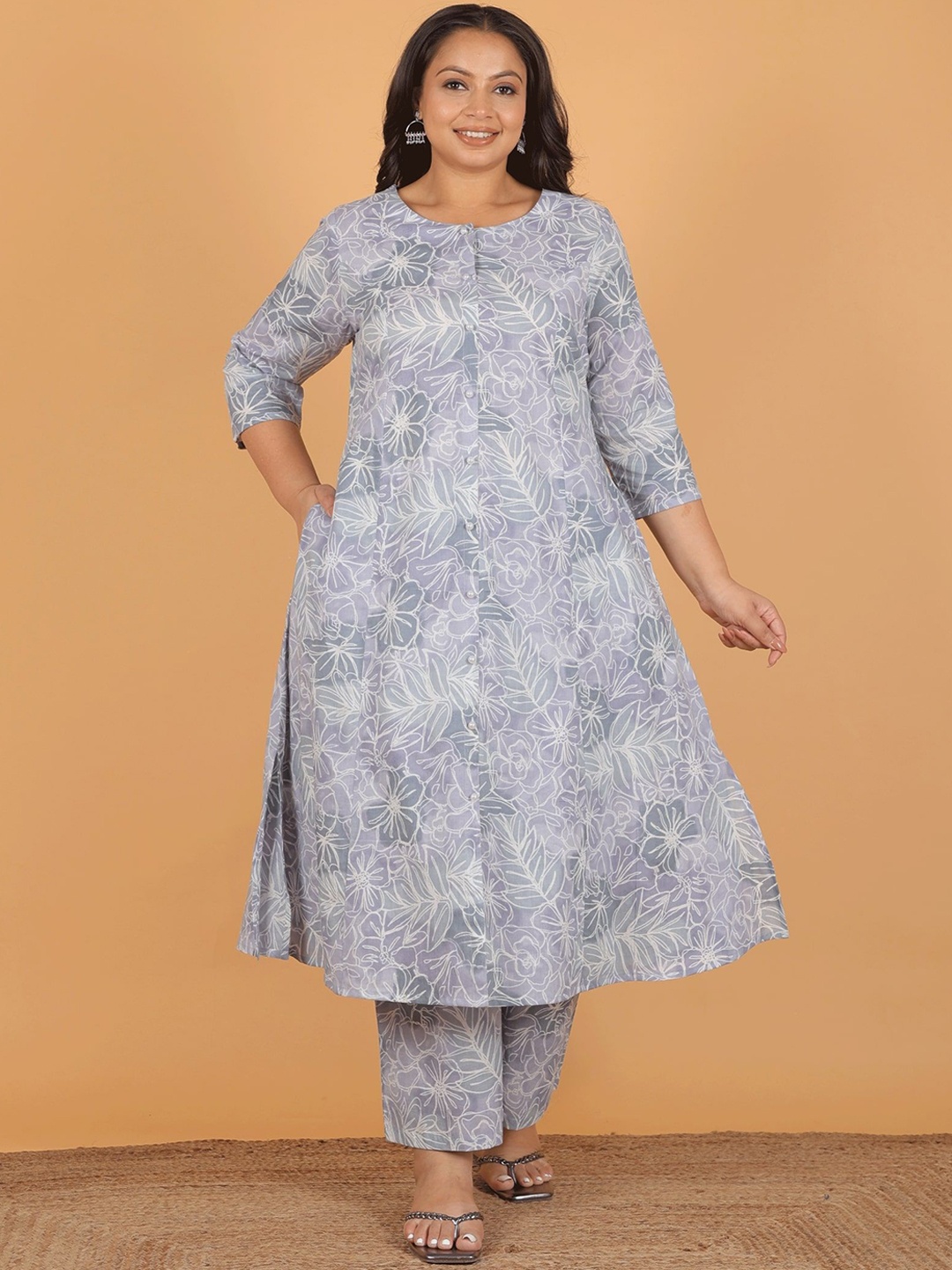 

Aramya Floral Printed Pure Cotton A-Line Kurta With Palazzos, Grey