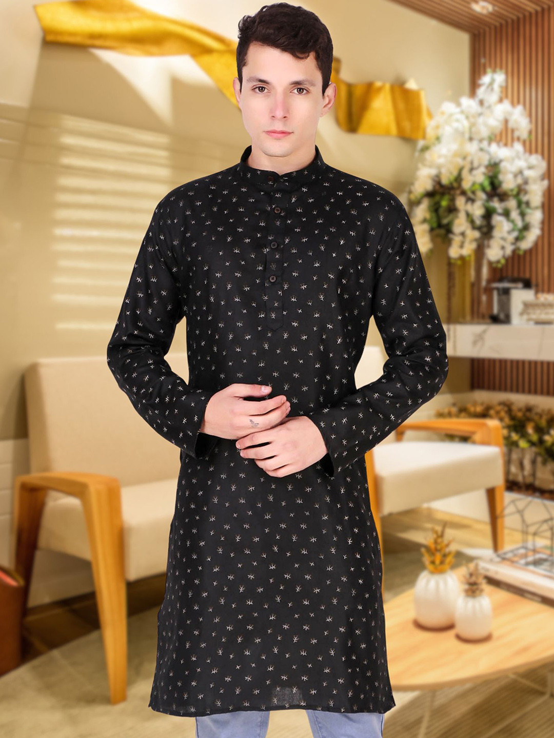 

SKAVIJ Ethnic Motifs Printed Band Collar Cotton Straight Kurta, Black