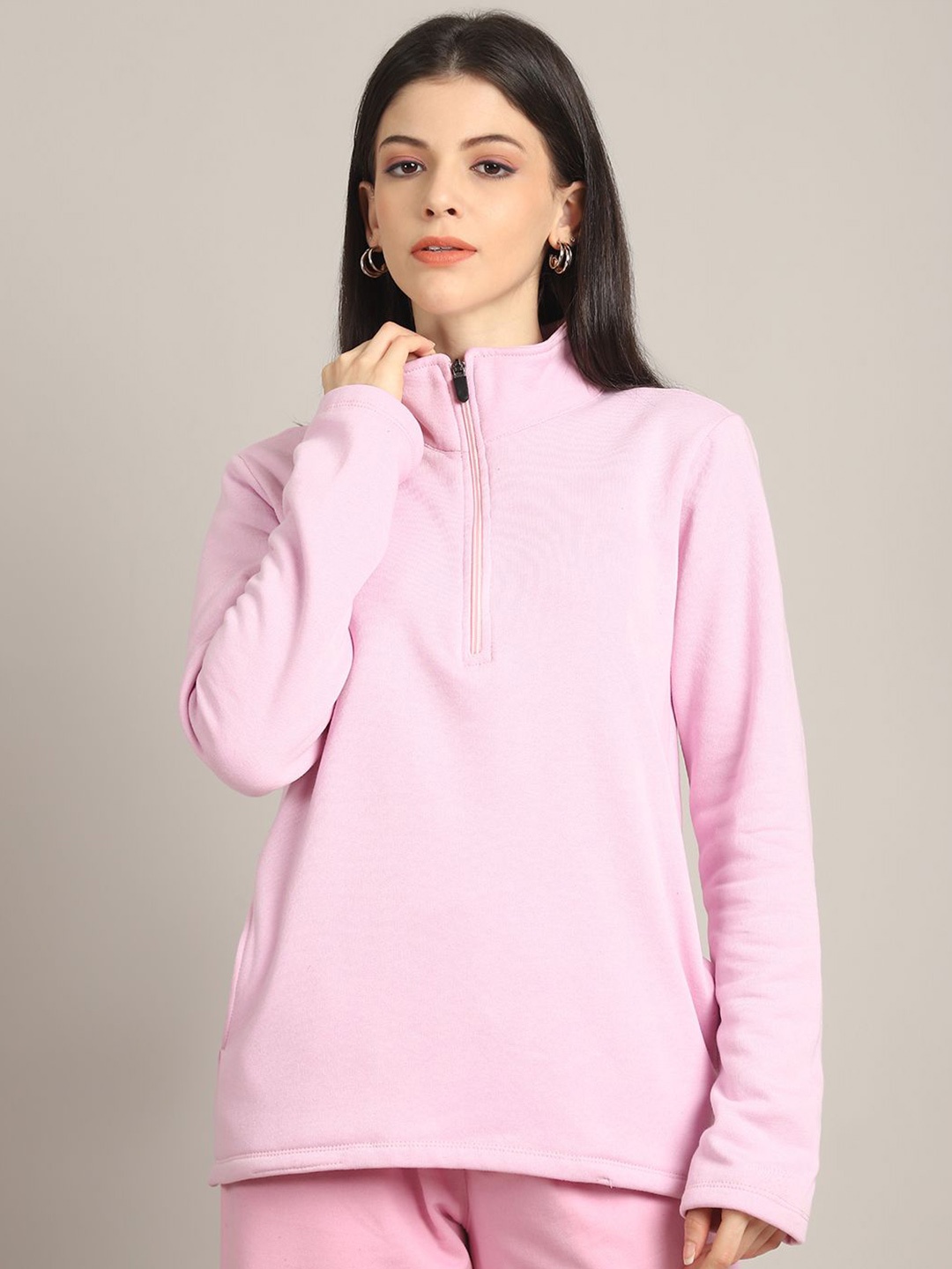 

Rute Women Mock Collar Pure Cotton Long Sleeves Sweatshirt, Pink