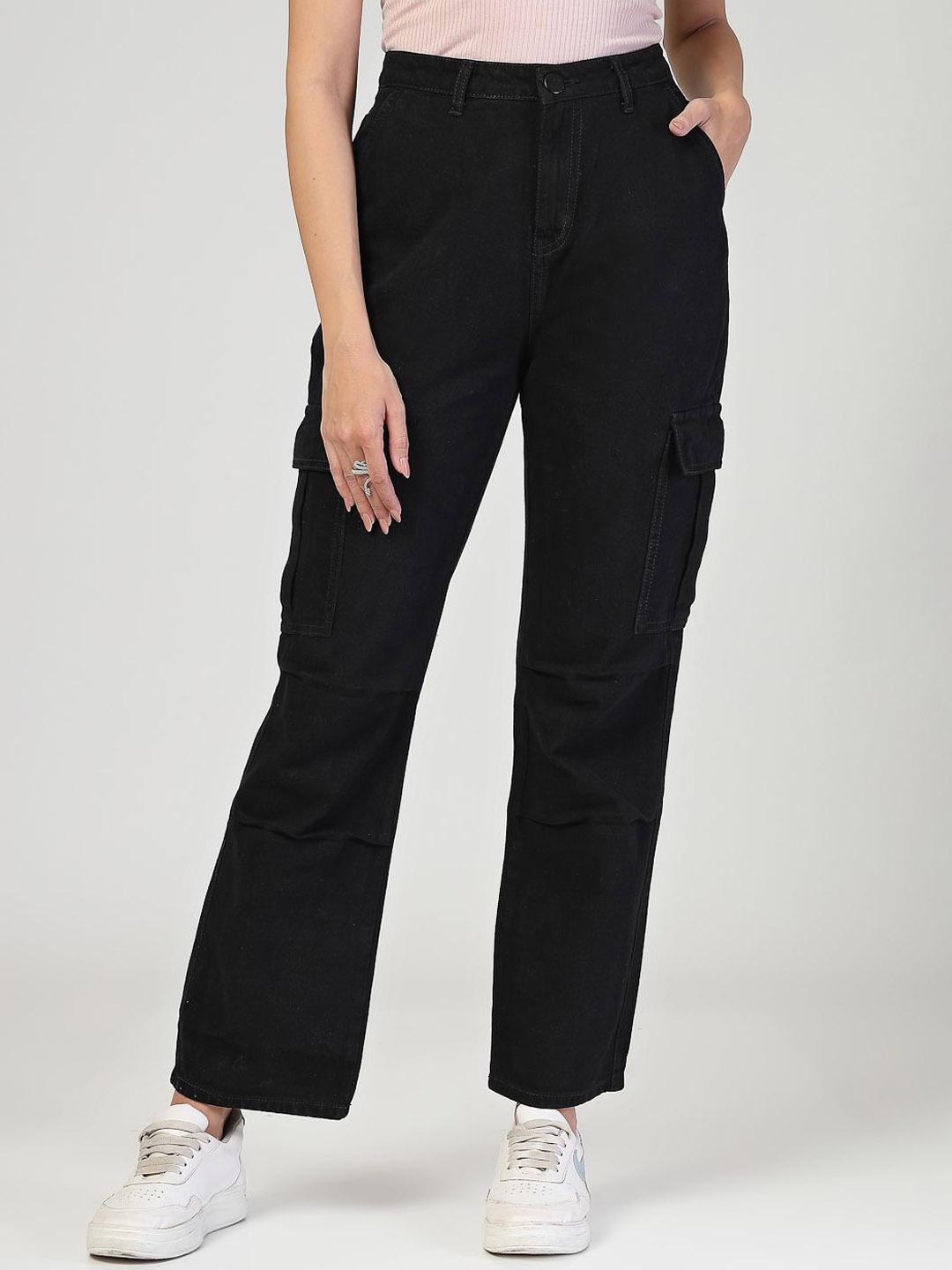 

Style Quotient Women Relaxed Fit High-Rise Cargo Jeans, Black