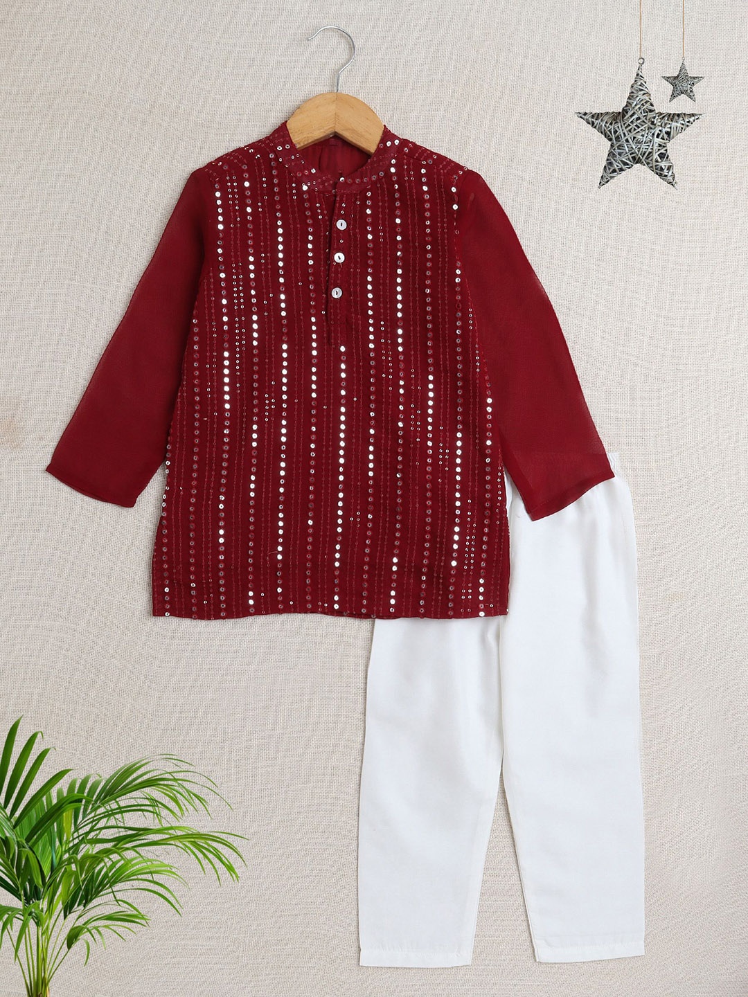 

The Magic Wand Boys Geometric Embroidered Sequinned Pure Cotton Straight Kurta & Trousers, Maroon