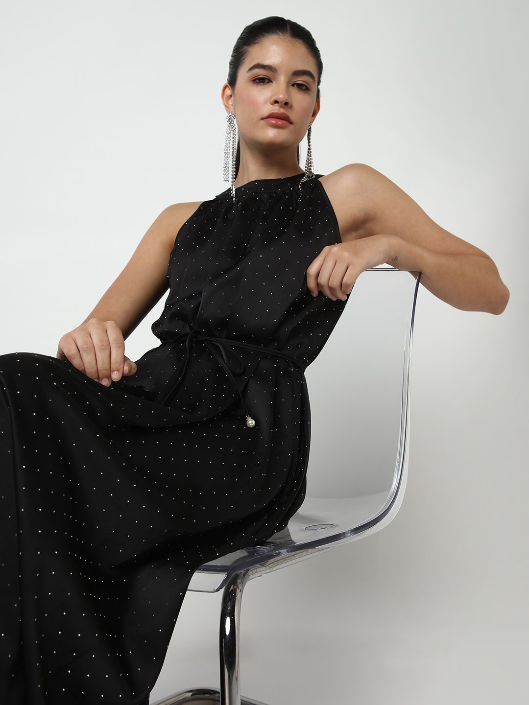 

SHOWOFF Women Round Neck Satin A - Line Midi Dress, Black