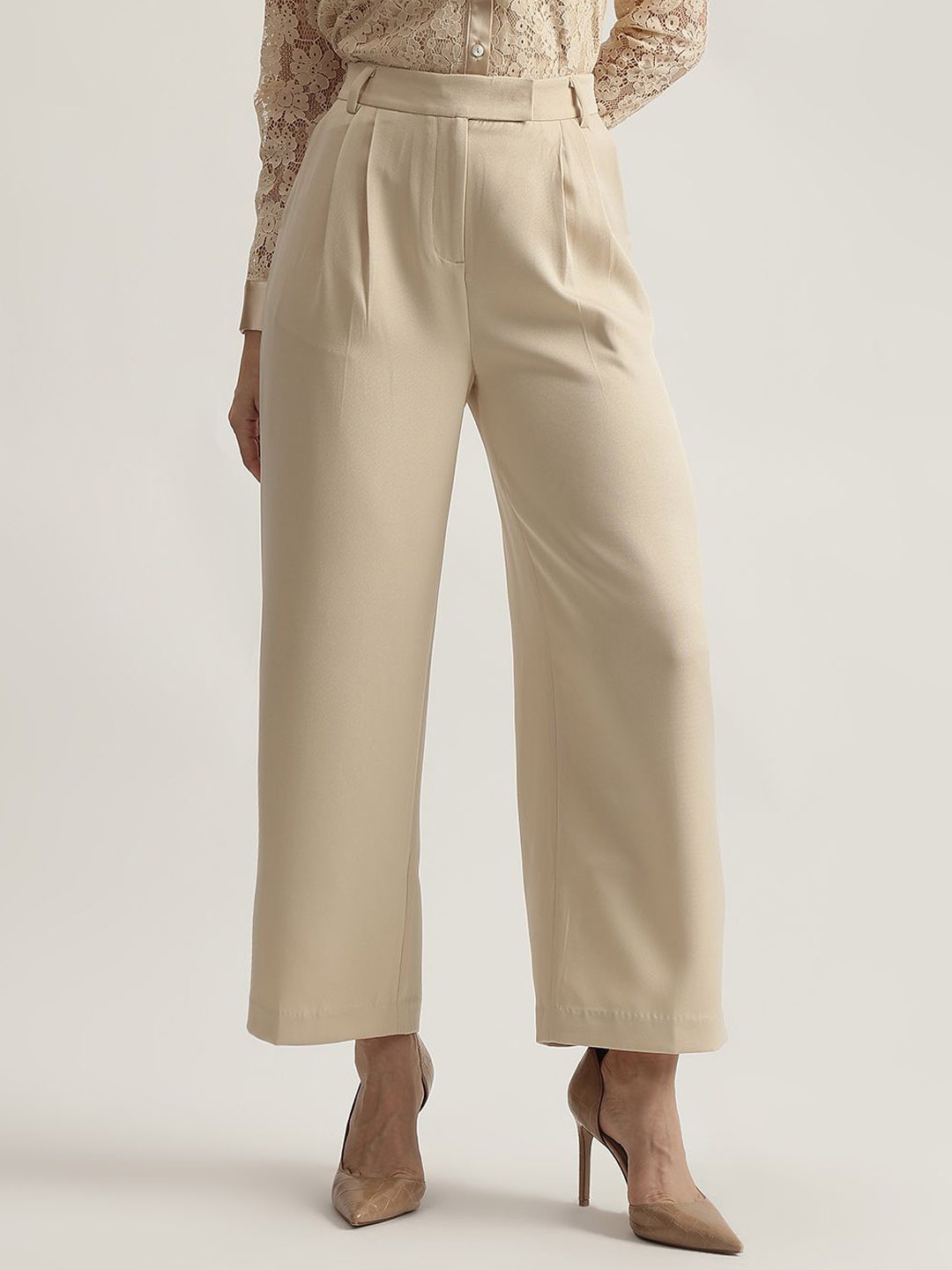 

ELLE Women Regular Fit High-Rise Pleated Trousers, Beige