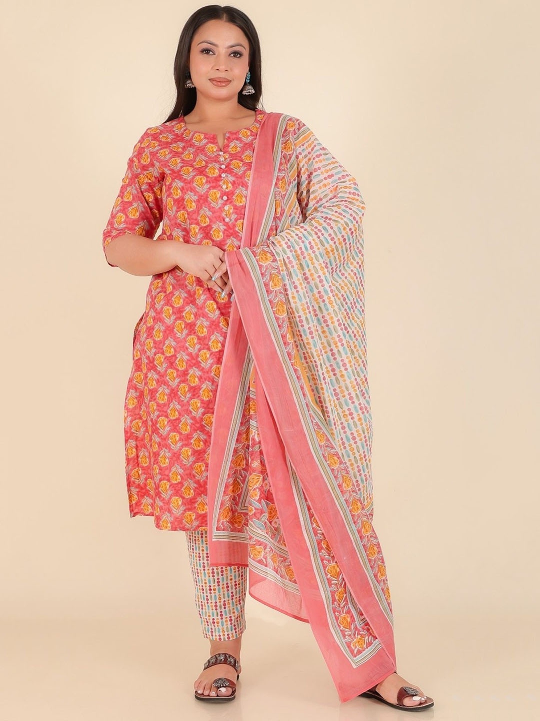 

Aramya Floral Printed Pure Cotton A-Line Kurta With Trousers & Dupatta, Peach