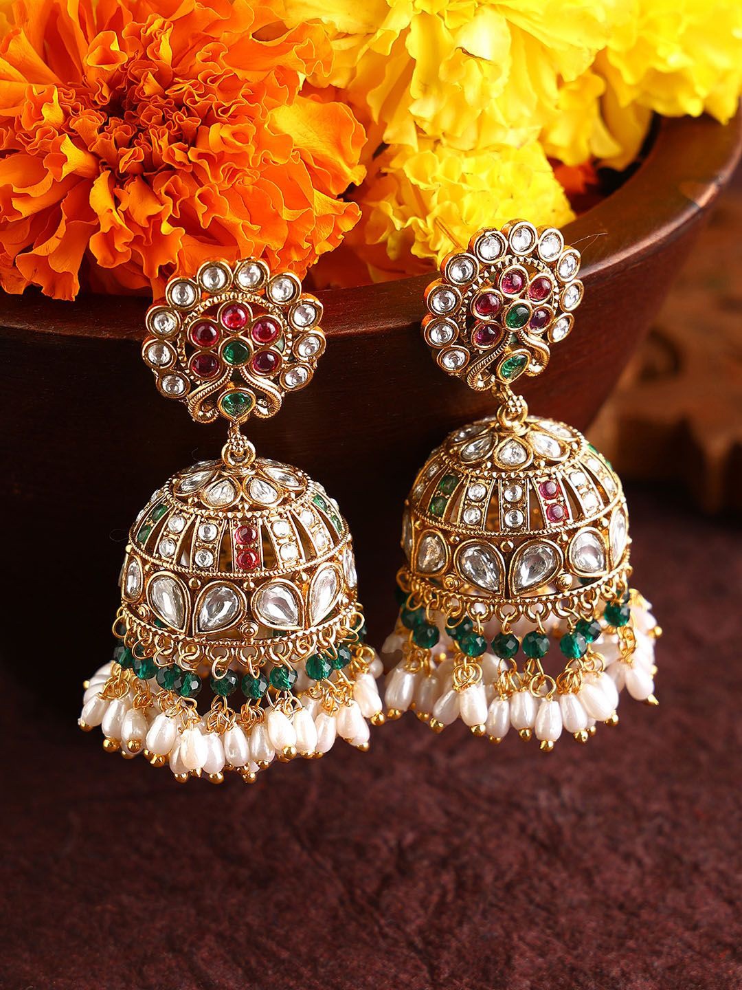 

Priyaasi Gold-Plated Stone Studded & Pearls Beaded Dome Shaped Jhumkas