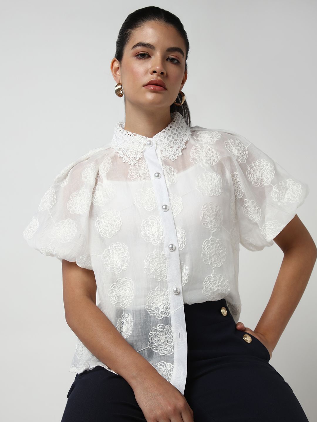 

SHOWOFF Floral Embroidered Comfort Semi Sheer Casual Shirt with Inner Slip, White