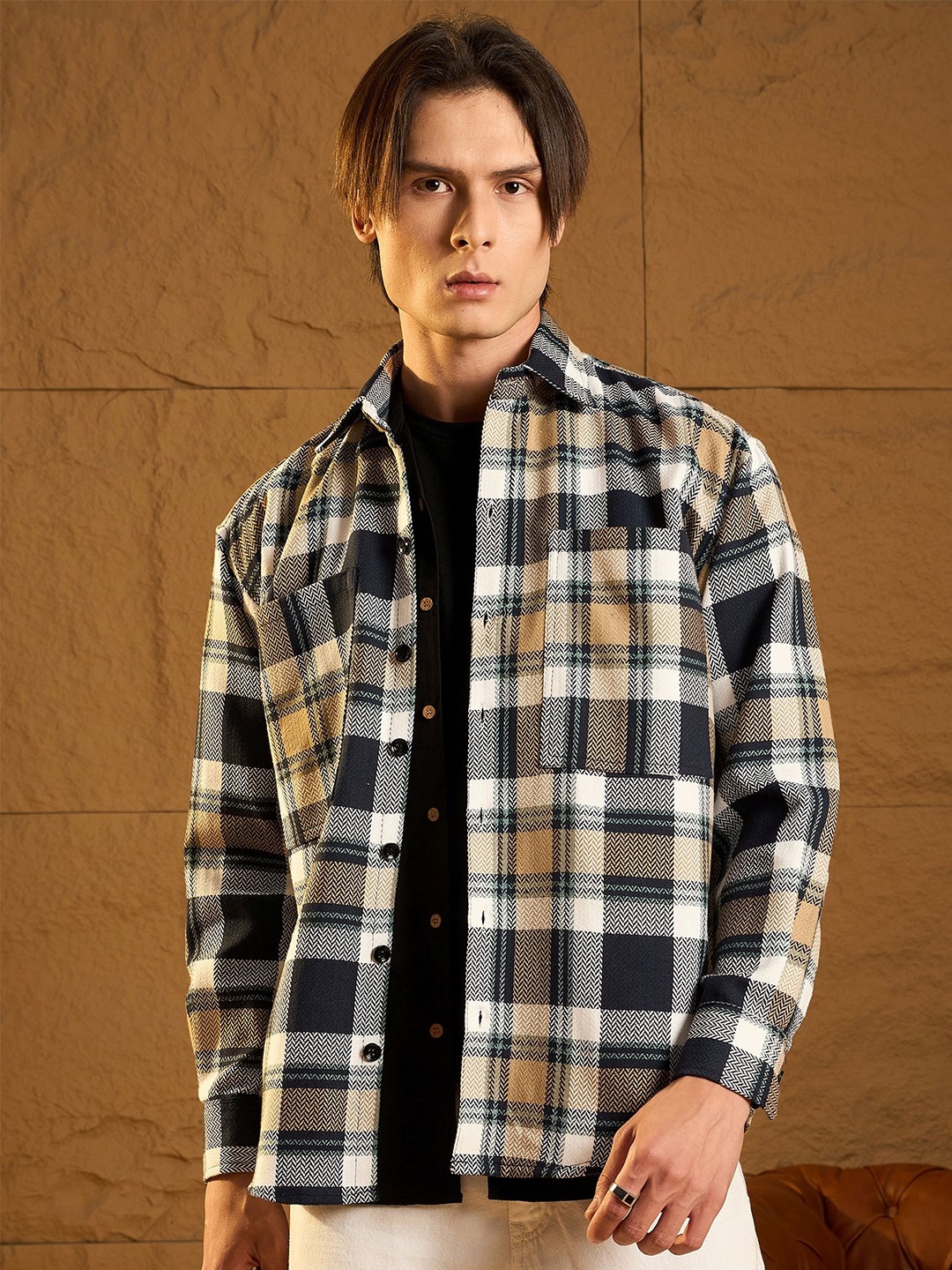 

DENNISON Men Double Pocket Drop Shoulder Oversized Cotton Checked Shacket, White