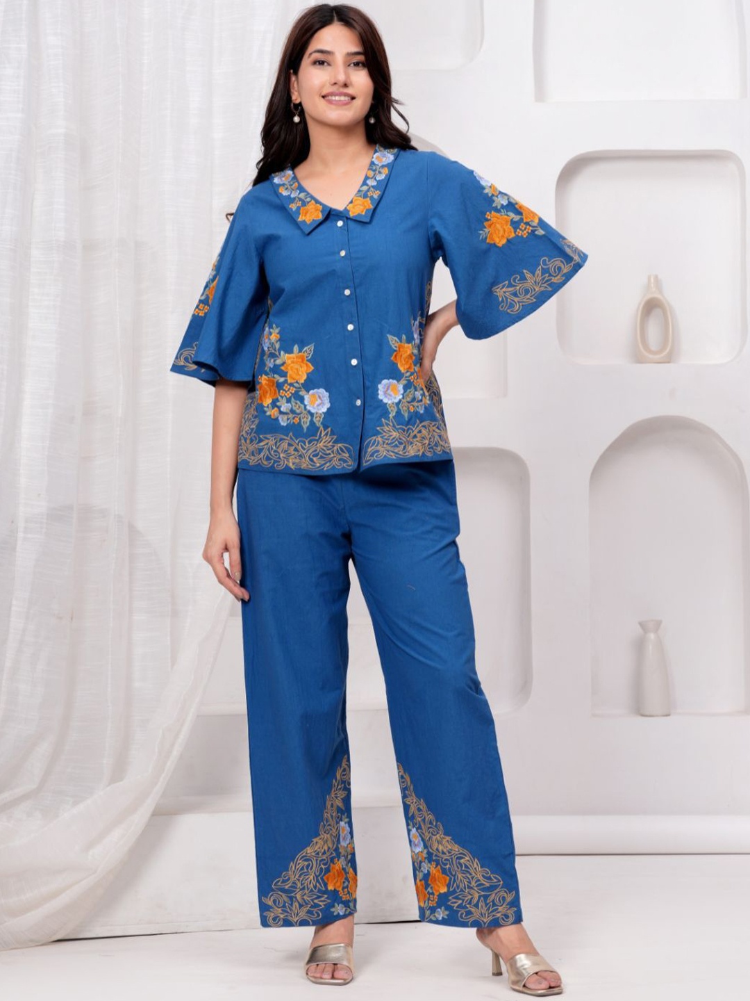 

Zolo Label Floral Embroidered Top & Trousers, Blue