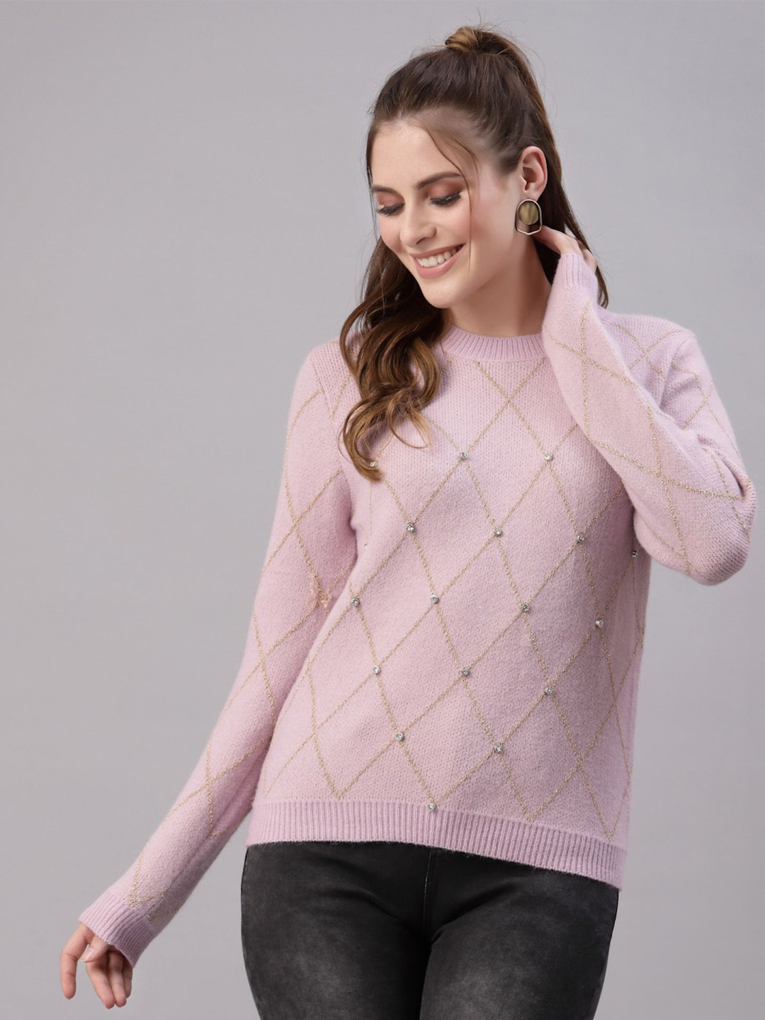 

Mafadeny Women Round Neck Pullover Sweater with Embellished Detail, Pink