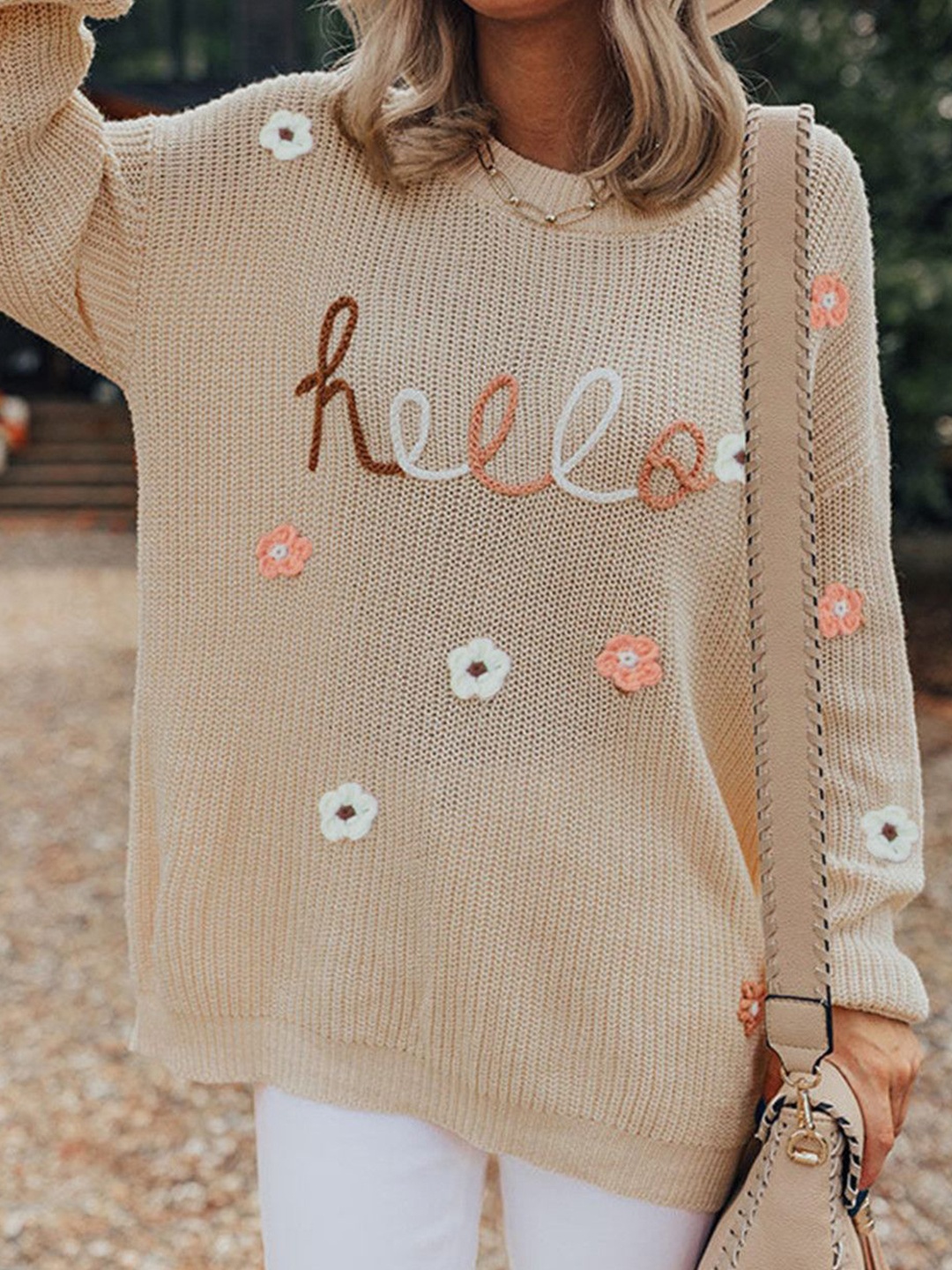 

StyleCast Women Typography Self Design Pullover Sweaters, Beige