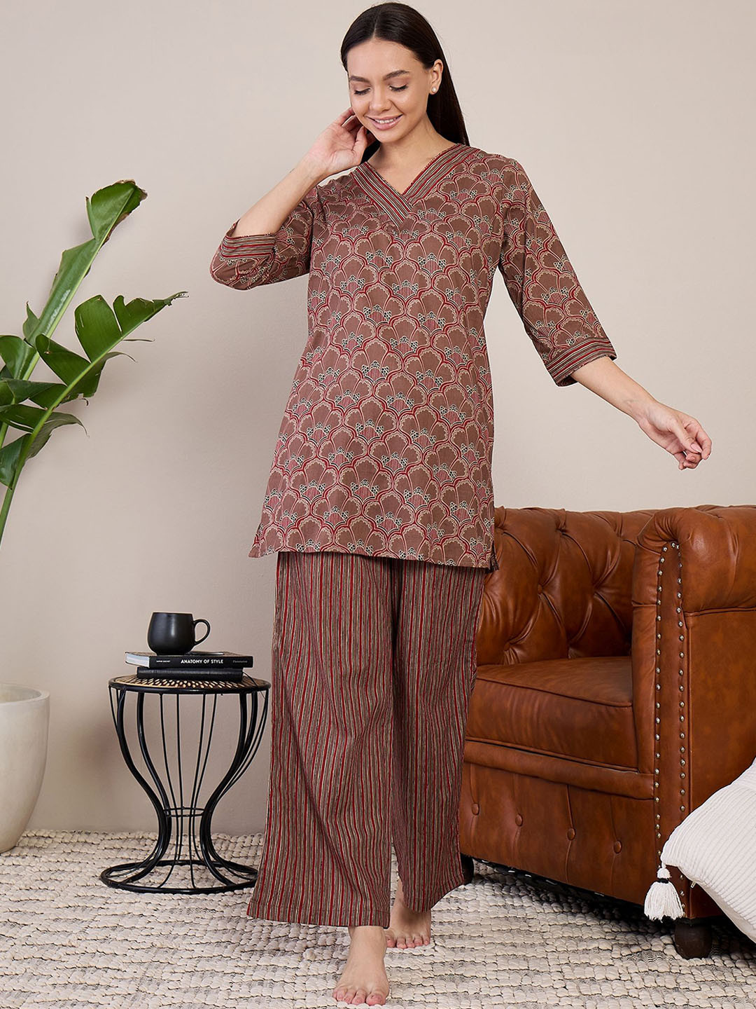 

July Women V-Neck Pure Cotton Night suit, Brown