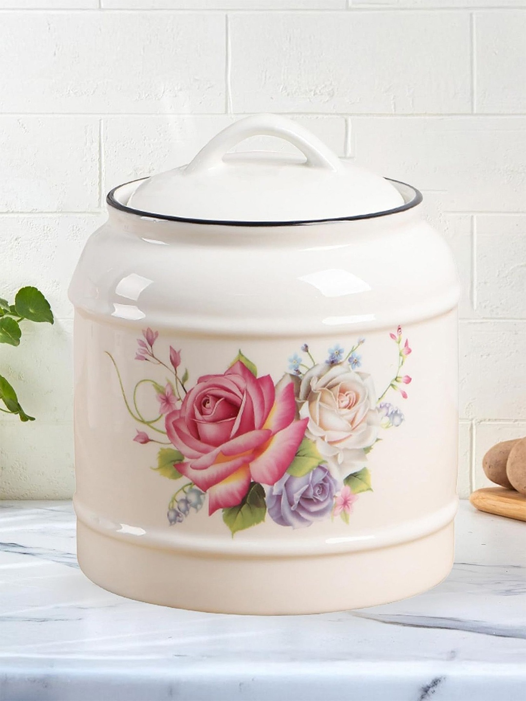 

Ekhasa White & Pink Floral Printed Ceramic Jar With Lid 2.2 L