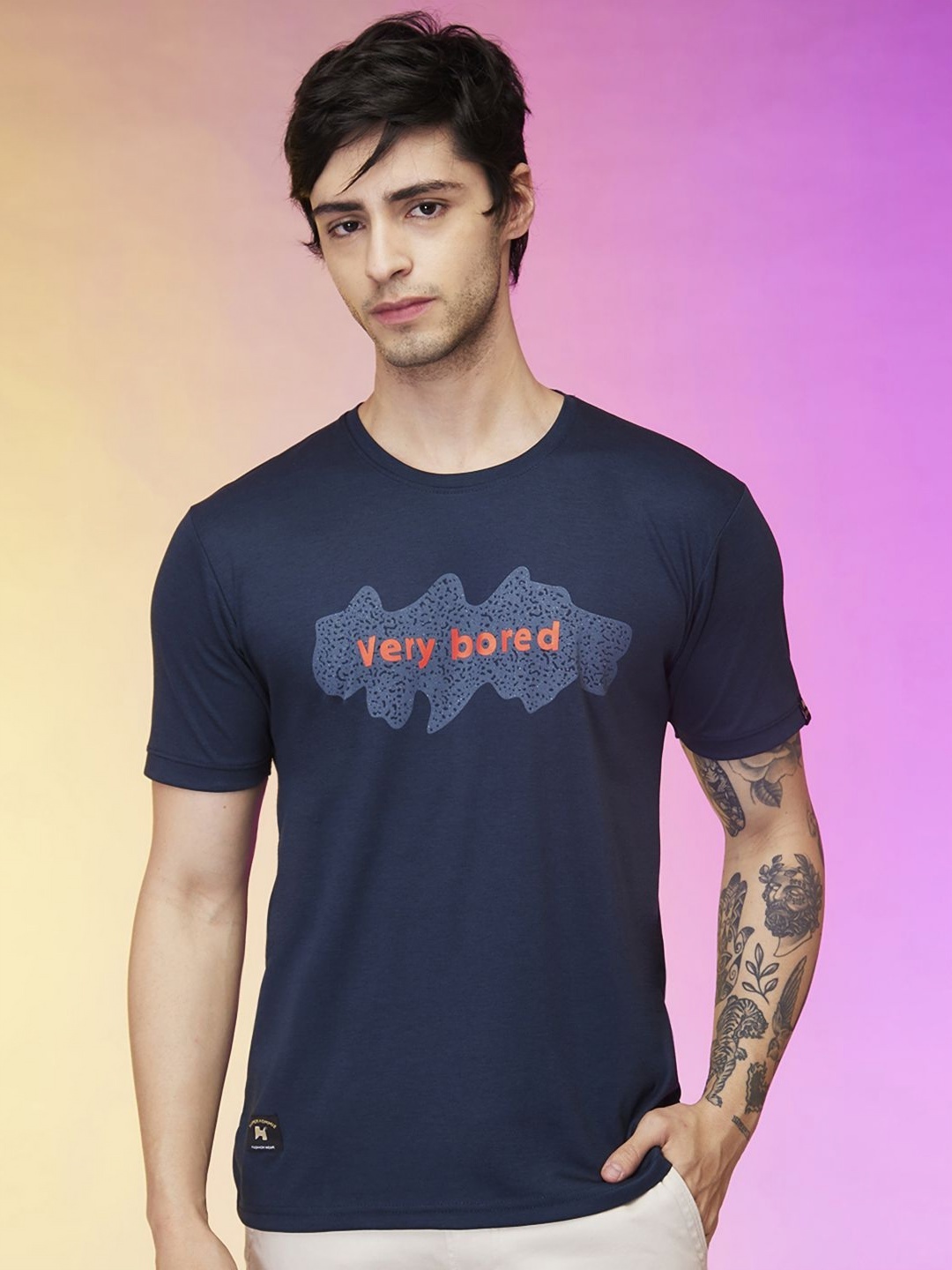 

Mmore Typography Printed Cotton T-shirt, Navy blue