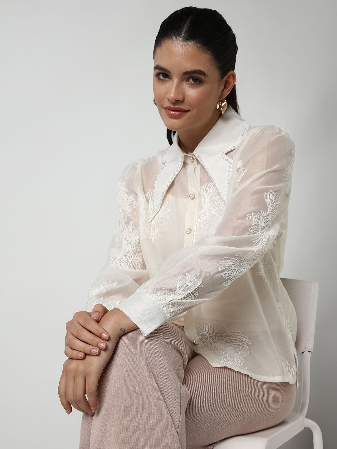 

SHOWOFF Floral Embroidered Cotton Shirt Style Top with Inner Slip, Cream