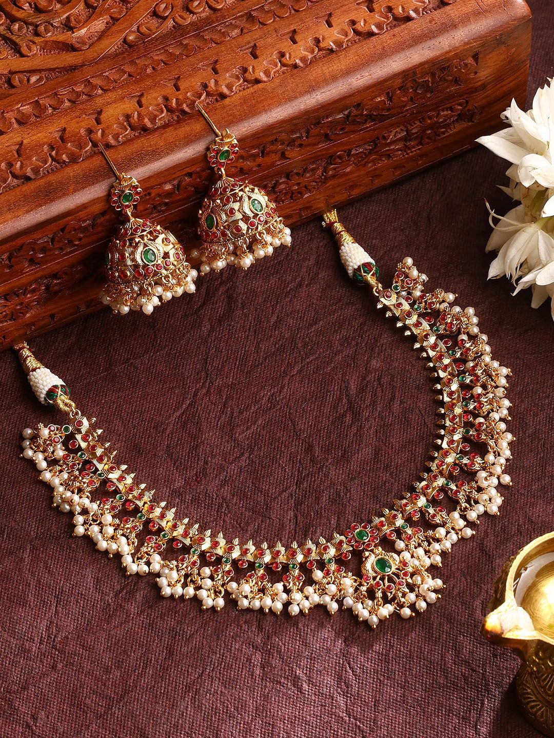 

Priyaasi Gold-Plated Stone Studded & Beaded Necklace and Earrings