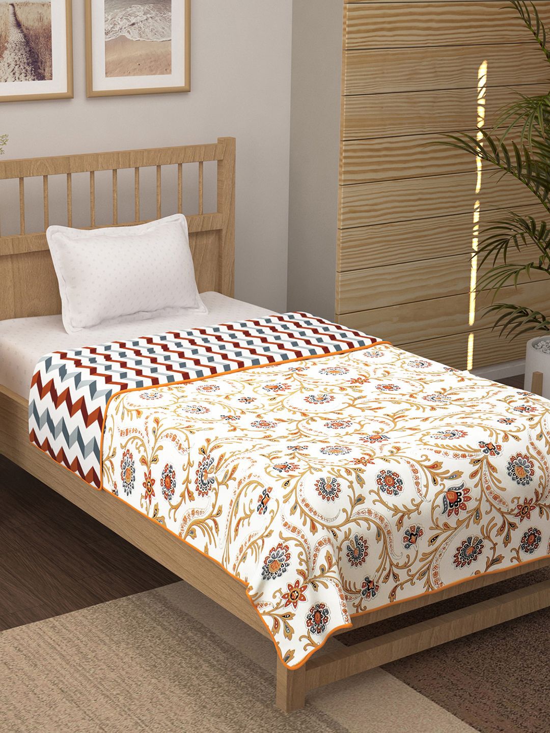 

Story@home Beige & Grey Floral Printed Cotton AC Room 150 GSM Reversible Single Bed Dohar