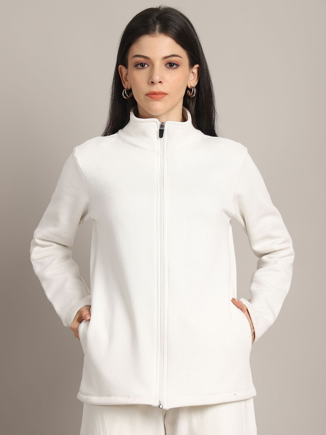 

Rute Women Pure Cotton Mock Collar Sweatshirt, White