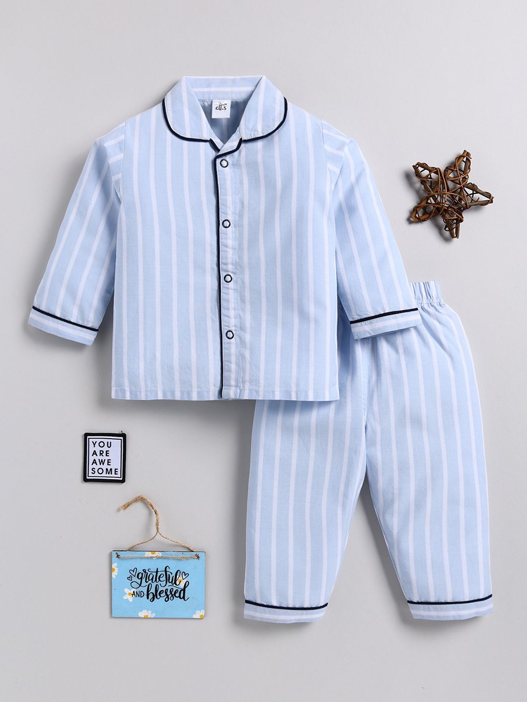 

Clt.s Kids Striped Pure Cotton Night suit, Blue