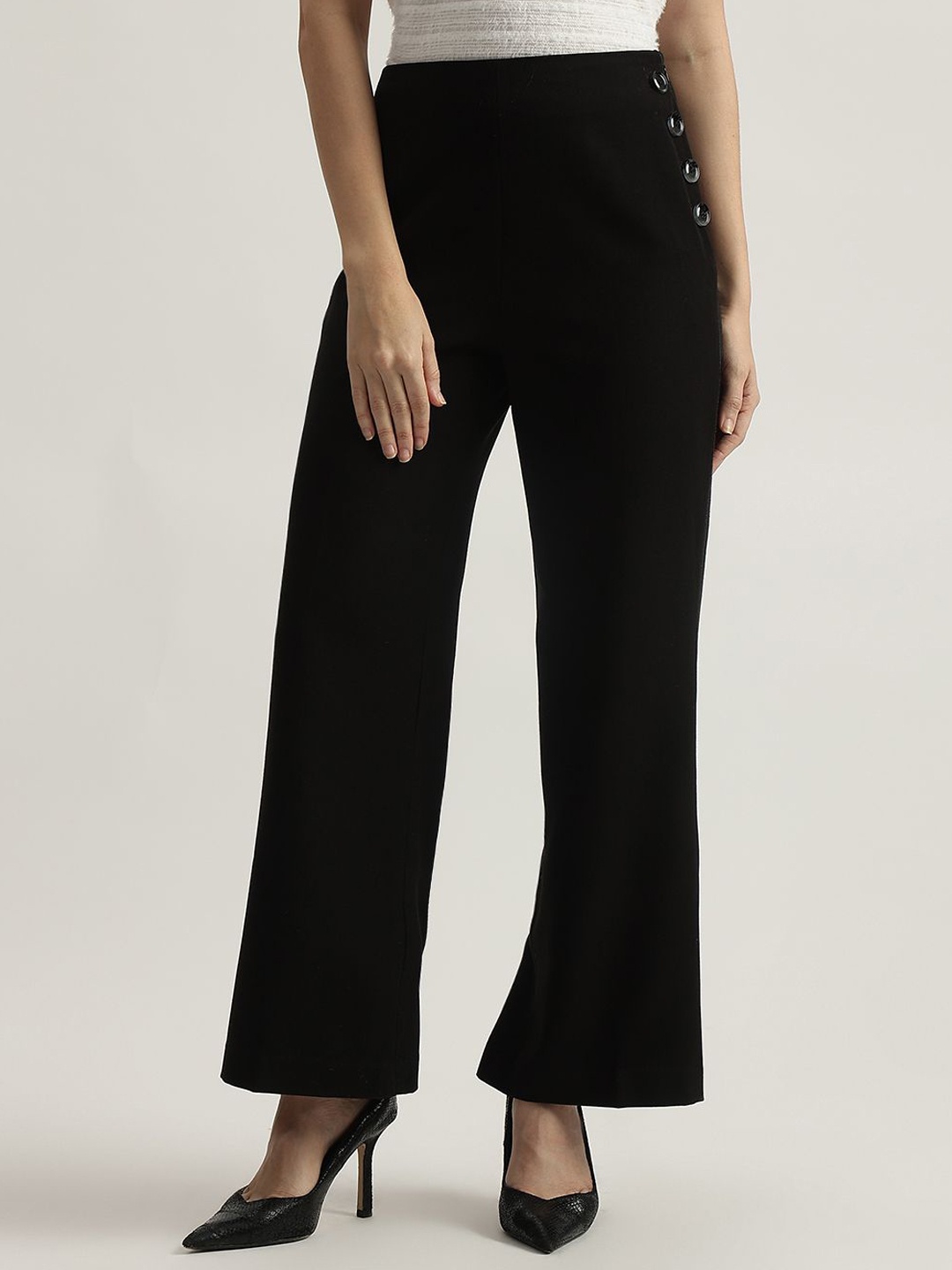 

CENTRESTAGE Women Flared High-Rise Regular Trousers, Black