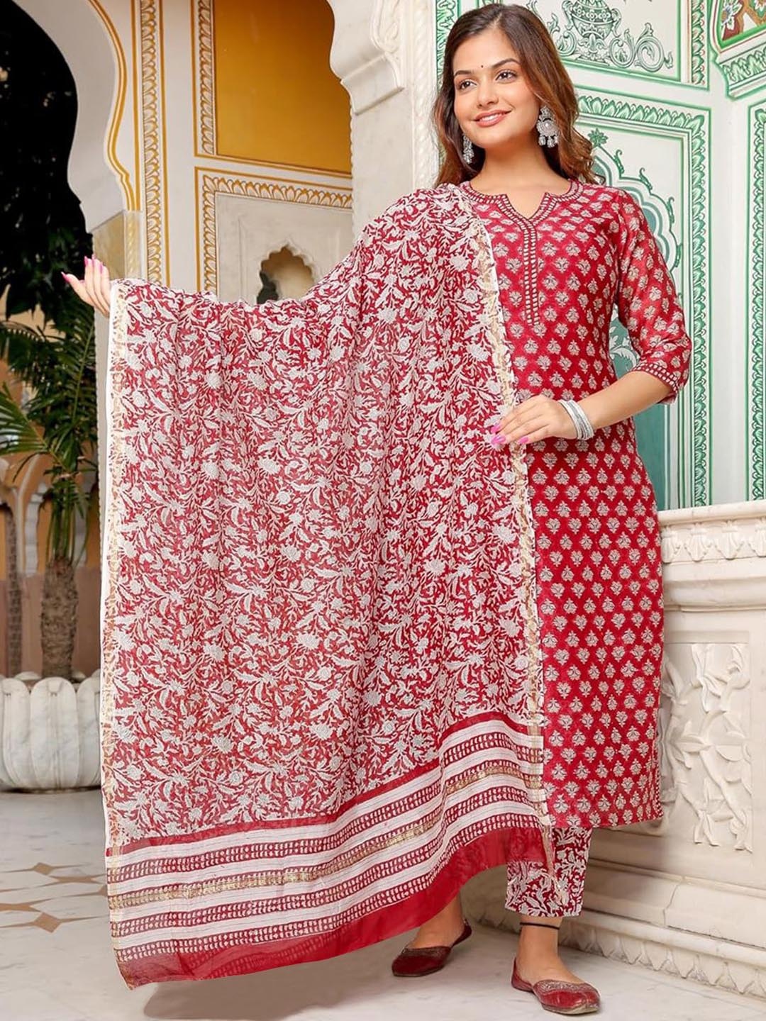 

KALINI Floral Printed Kurta with Trouser & Dupatta, Maroon