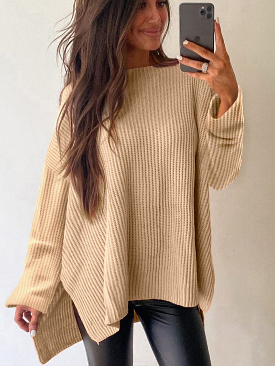 

StyleCast Women Ribbed Longline Cotton Pullover, Beige