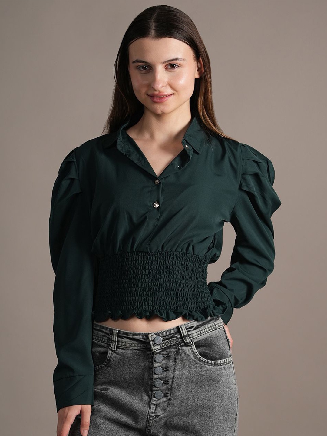 

BAESD Women Long Sleeves Shirt Style Crop Top, Green