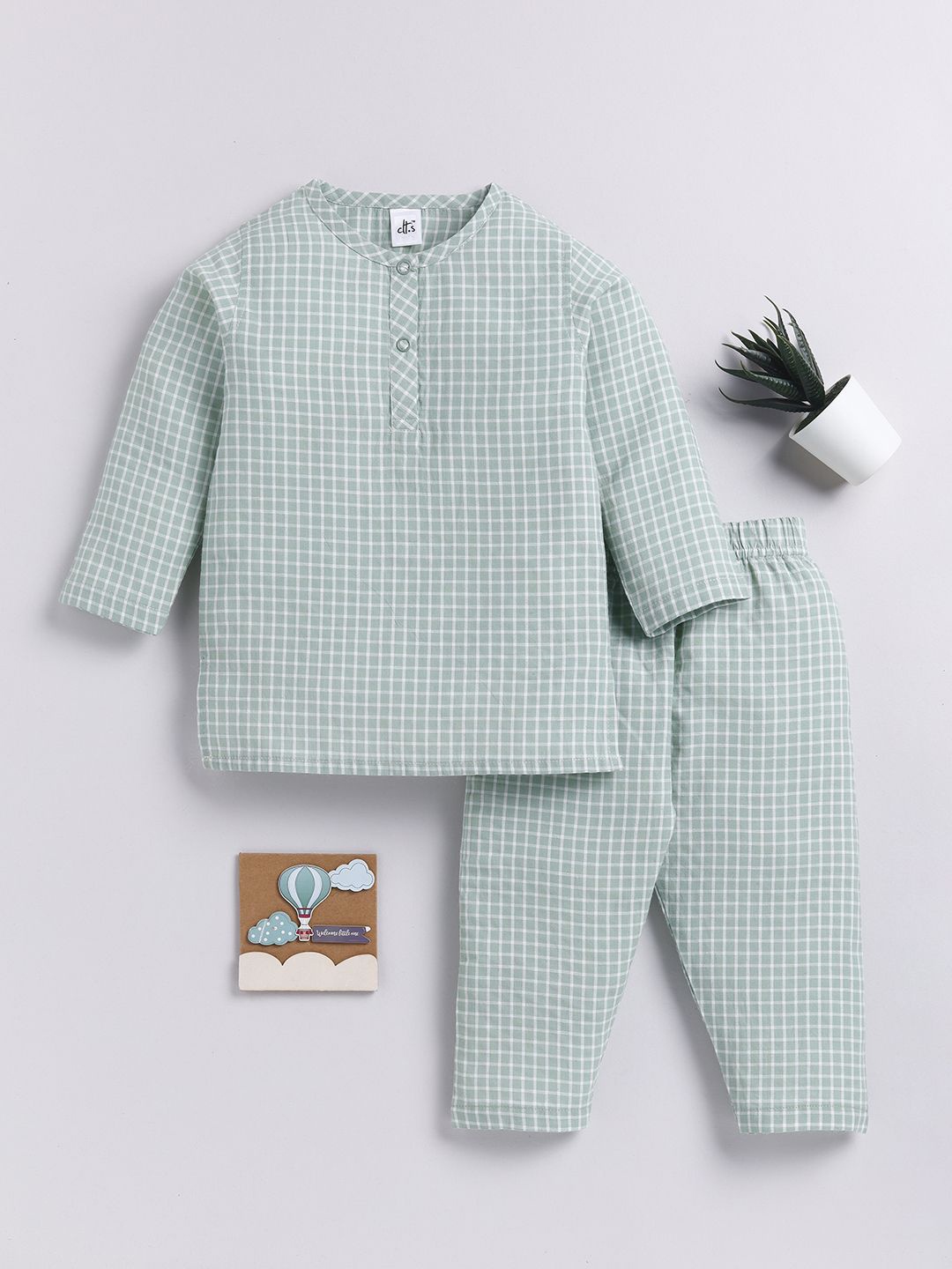 

Clt.s Kids Checked Pure Cotton Round Neck Long Sleeves Night Suit, Green