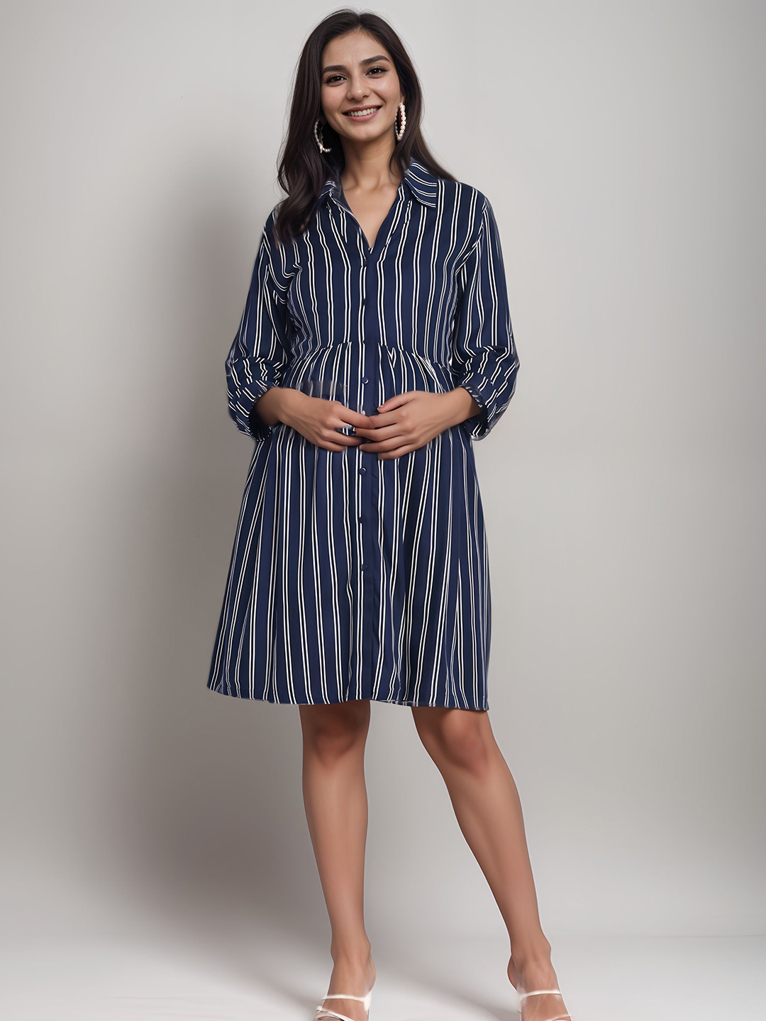 

Aaruvi Ruchi Verma Women Striped Shirt Collar Maternity A-Line Dress, Navy blue